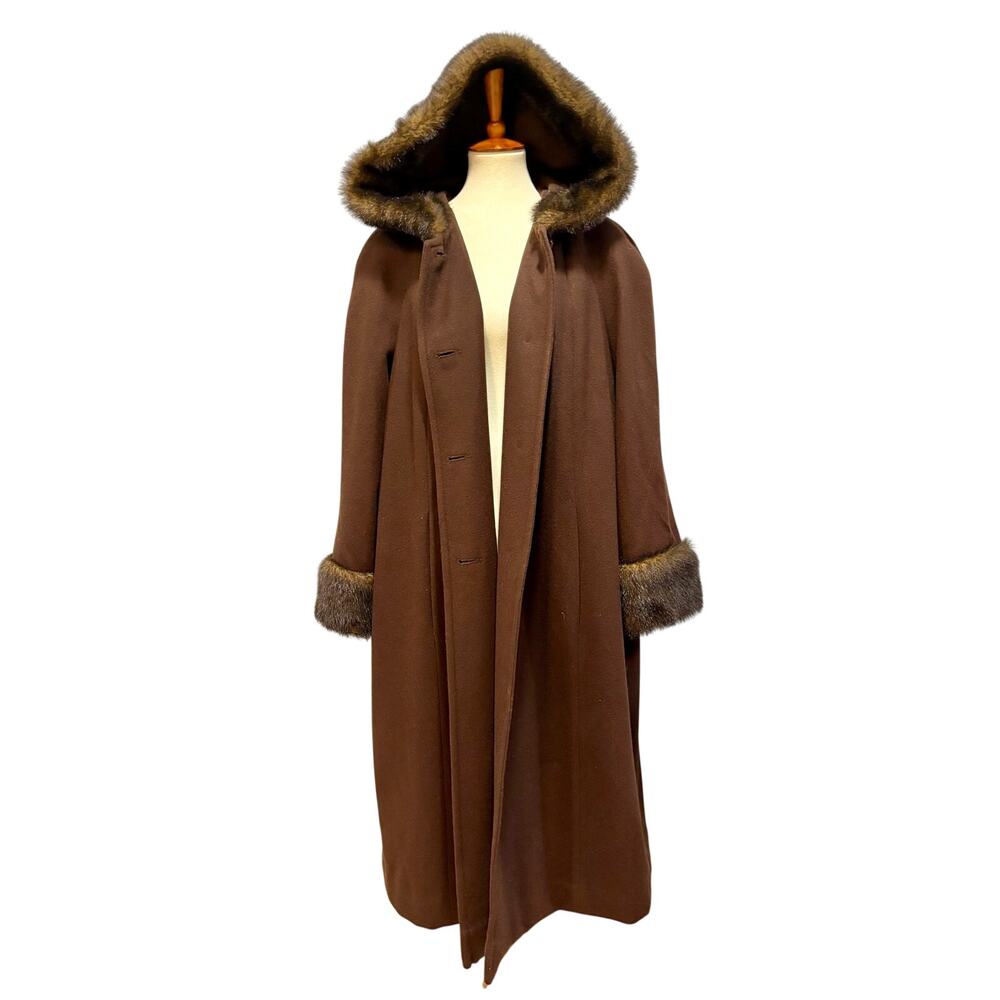 Vintage 90s Brown Wool Penny Lane Duster Coat Faux Fur Hood Cabin Academia XXL